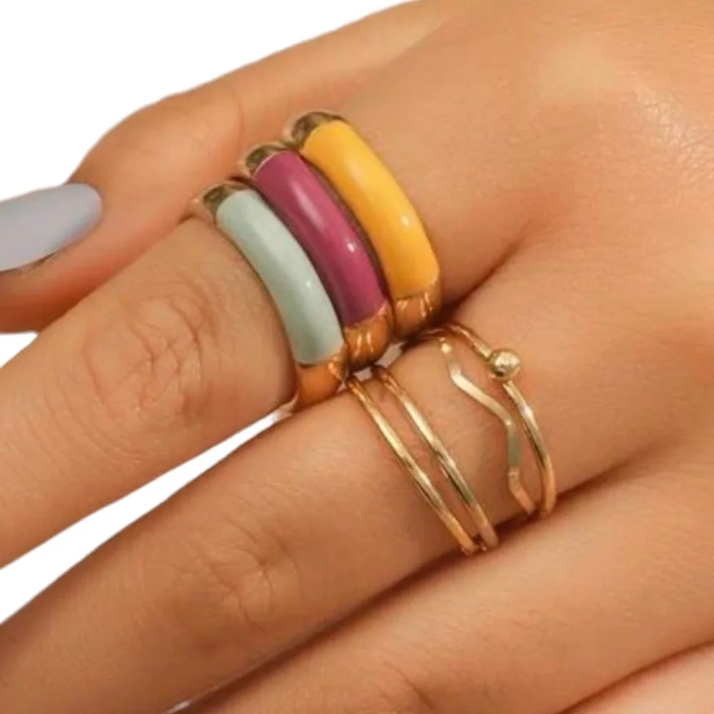 7 Piece Gold Retro Colored Ring Set